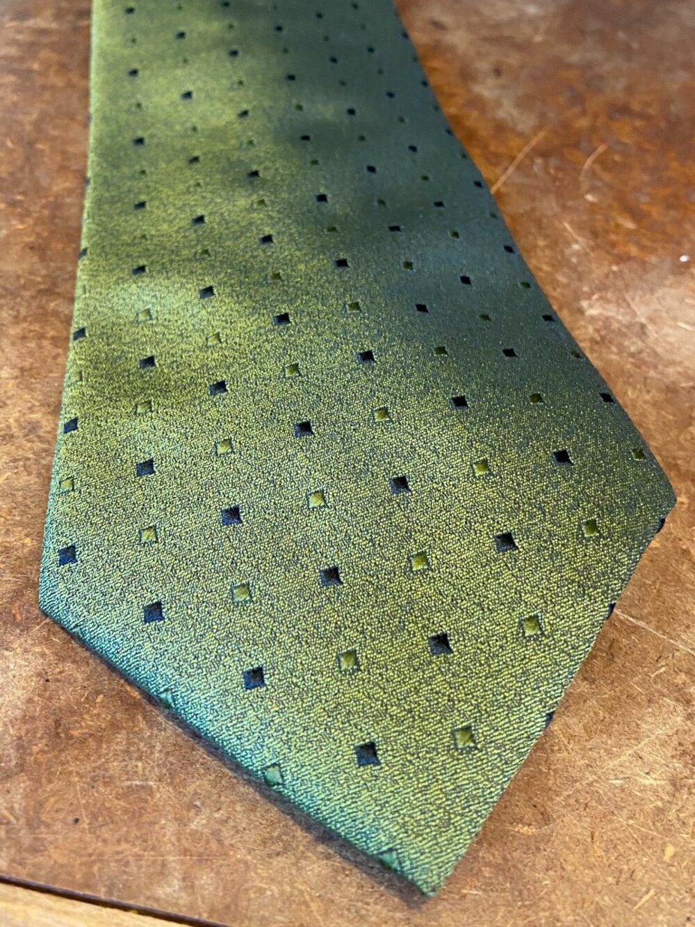 Vintage Antonio Parillo Necktie Tie Green Metallic Silk Blue Geometric Squares